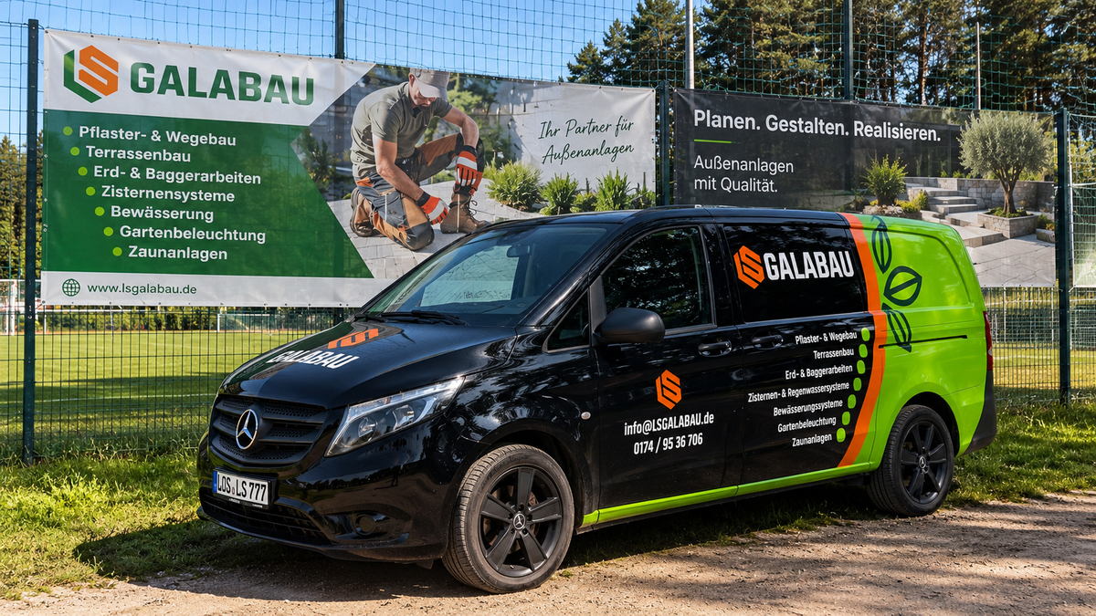 Mitarbeiter von LS GaLaBau aus Storkow mit Stampfer vor dem Firmenwagen